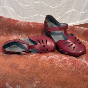 Fly London Women's Burgundy Cutout T‑Strap Wedges